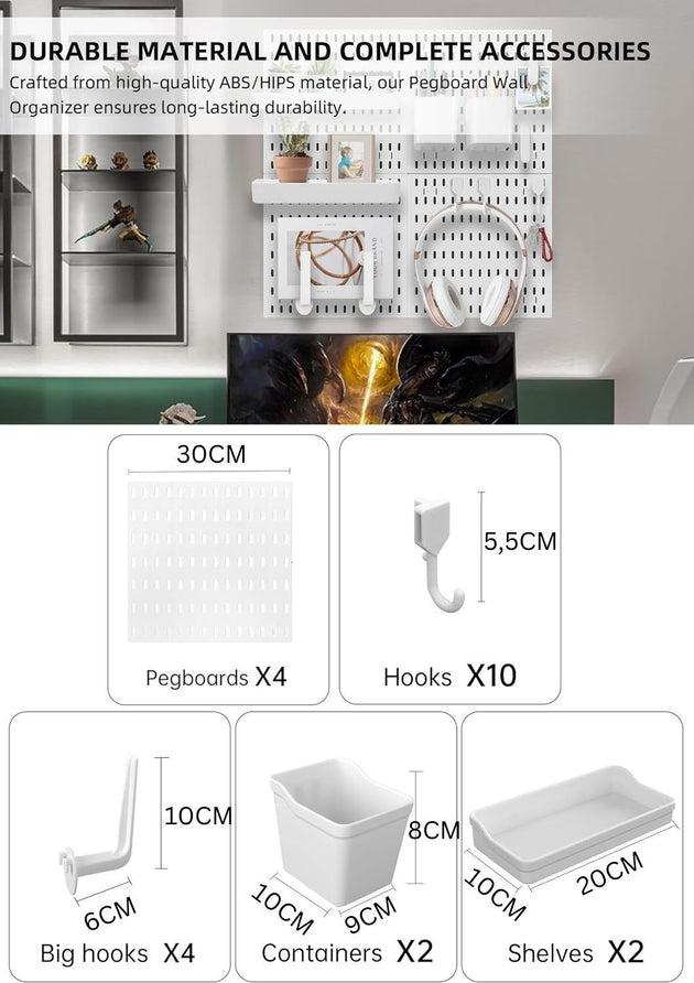 Pegboard Combination Kit - 4 Panels with 18 Accessories - White CARLA HOME