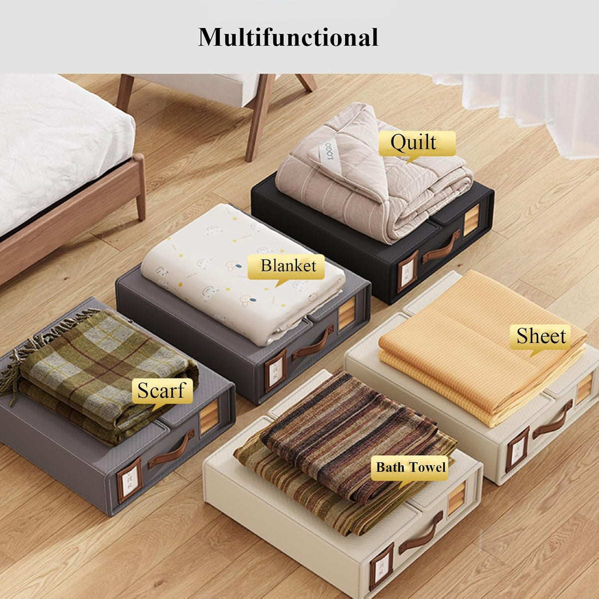 Bed Sheet Organizer Set of 4 with Handle & Window - Black CARLA HOME