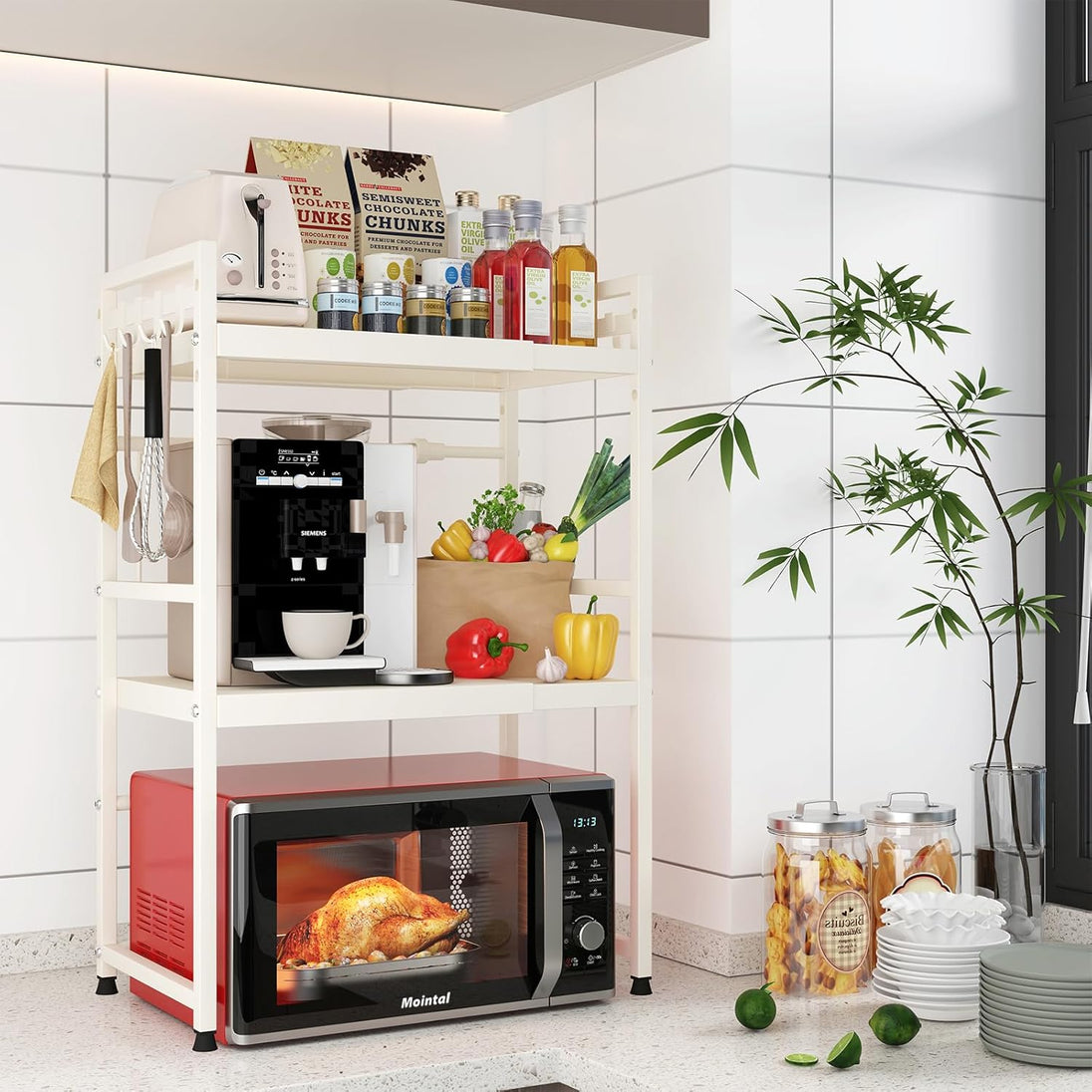 3-Tier Microwave Oven Rack Adjustable Metal Shelf Stand - White CARLA HOME