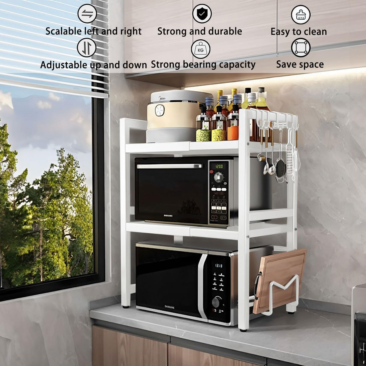 3-Tier Microwave Oven Rack Adjustable Metal Shelf Stand - White CARLA HOME