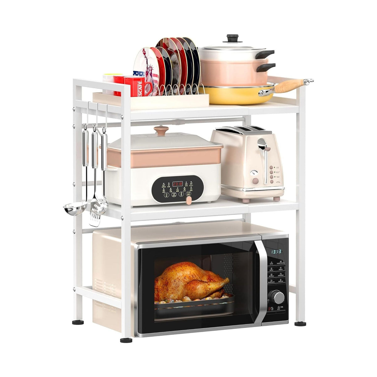 3-Tier Microwave Oven Rack Adjustable Metal Shelf Stand - White CARLA HOME