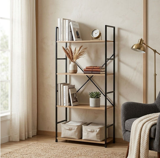 4-Tier Industrial Bookshelf Wood Metal Shelf Brown CARLA HOME