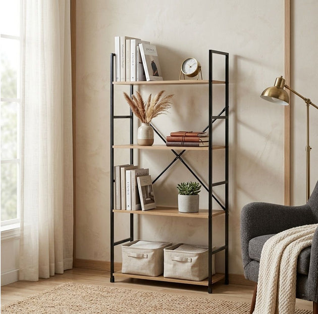 4-Tier Industrial Bookshelf Wood Metal Shelf Brown CARLA HOME