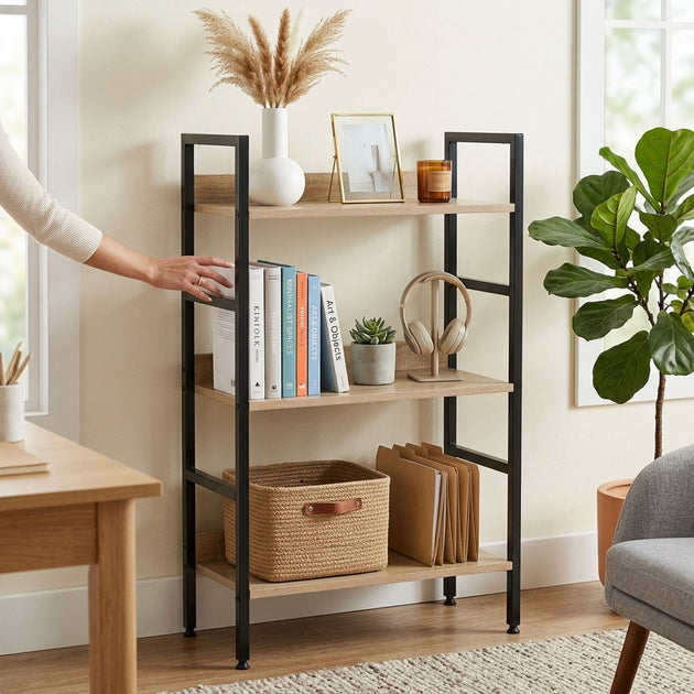 3-Tier Bookshelf Industrial Display Shelf Oak Black CARLA HOME