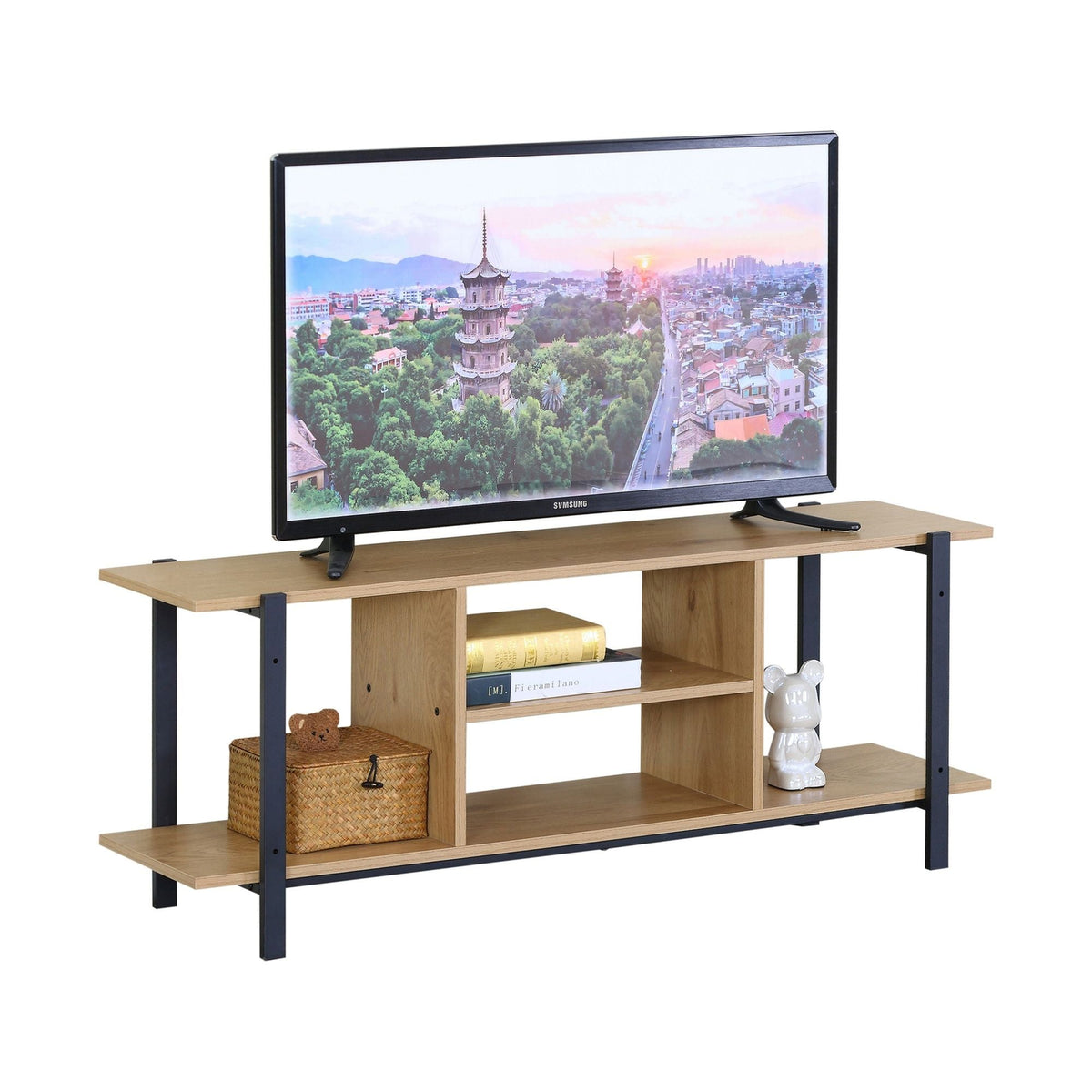 Open Shelf TV Stand Entertainment Console in Oak CARLA HOME