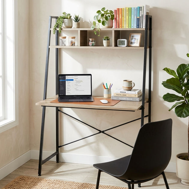 Ladder Desk with Shelves Steel Frame Oak 84cm Brown CARLA HOME