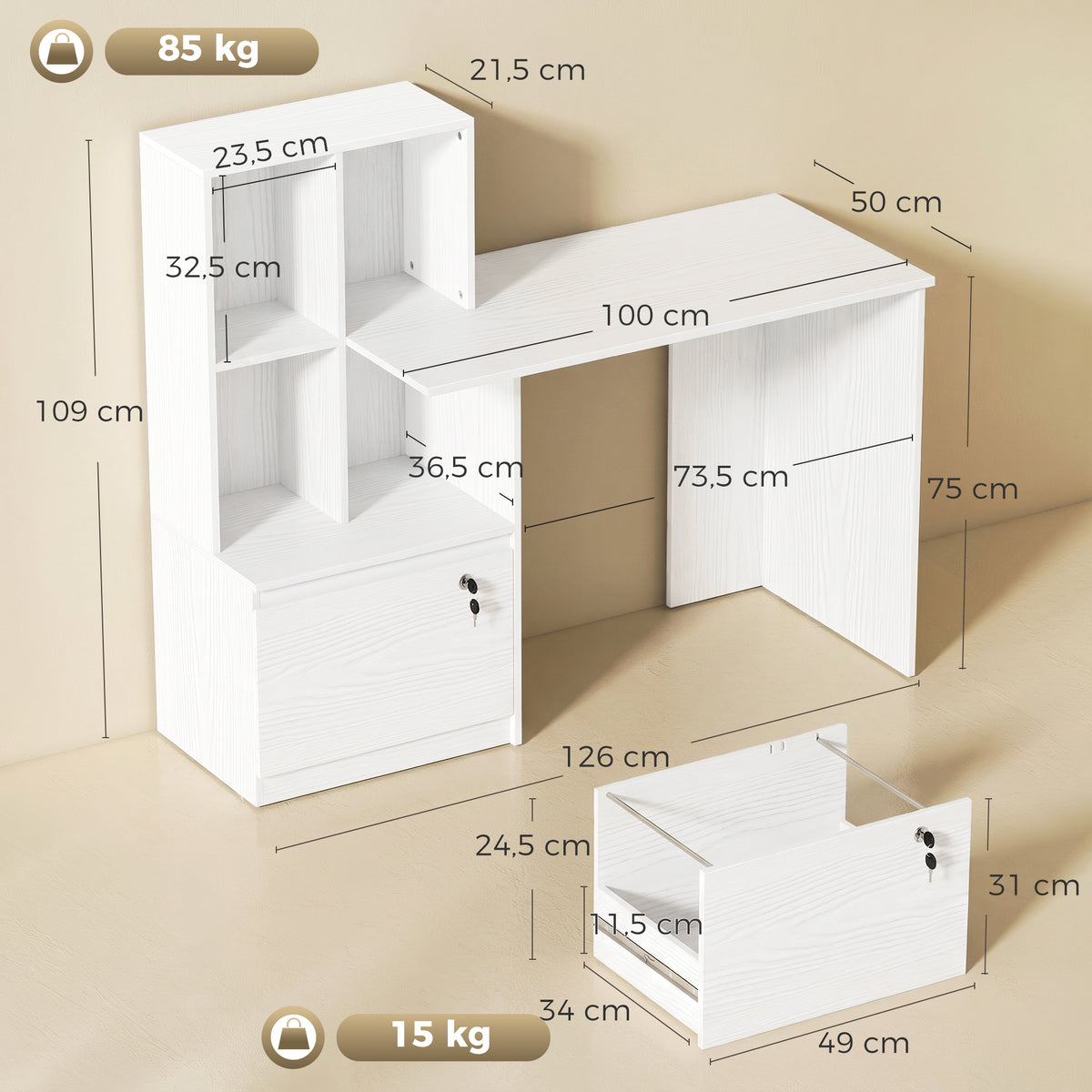 Bureau d'ordinateur avec bibliothèque 4 compartiments et tiroir verrouillable, 126 x 50 x 109 cm, grain de bois blanc