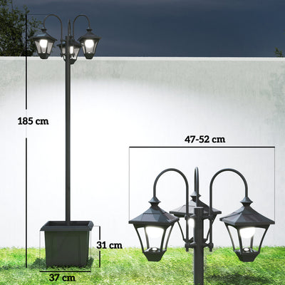 Lampadaire Extérieur sur Pied à 3 Têtes avec Bac à Fleurs, Capteur Automatique Crépuscule à L'aube, 52x52x185cm, Noir