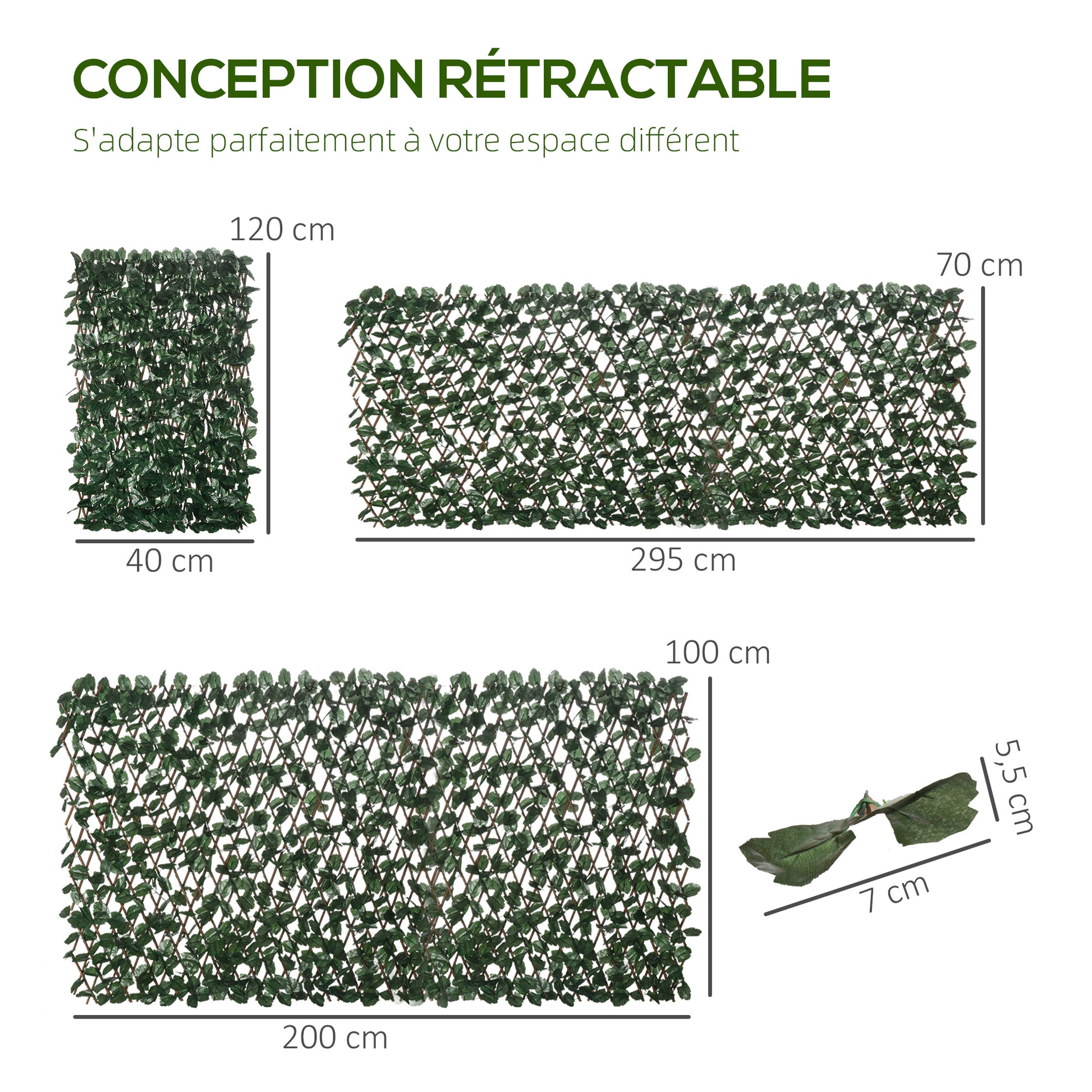 Haie artificielle feuilles murale brise-vue 2 panneaux longueur ajustable 295 x 70 cm treillis extensible en PE vert