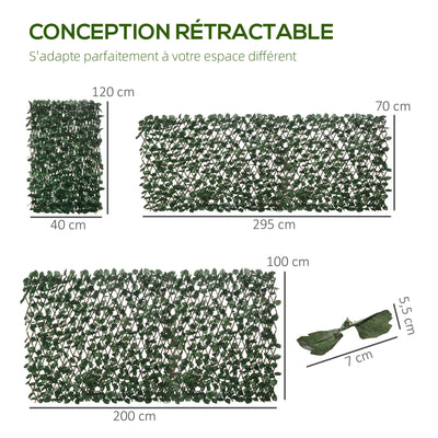 Haie artificielle feuilles murale brise-vue 2 panneaux longueur ajustable 295 x 70 cm treillis extensible en PE vert