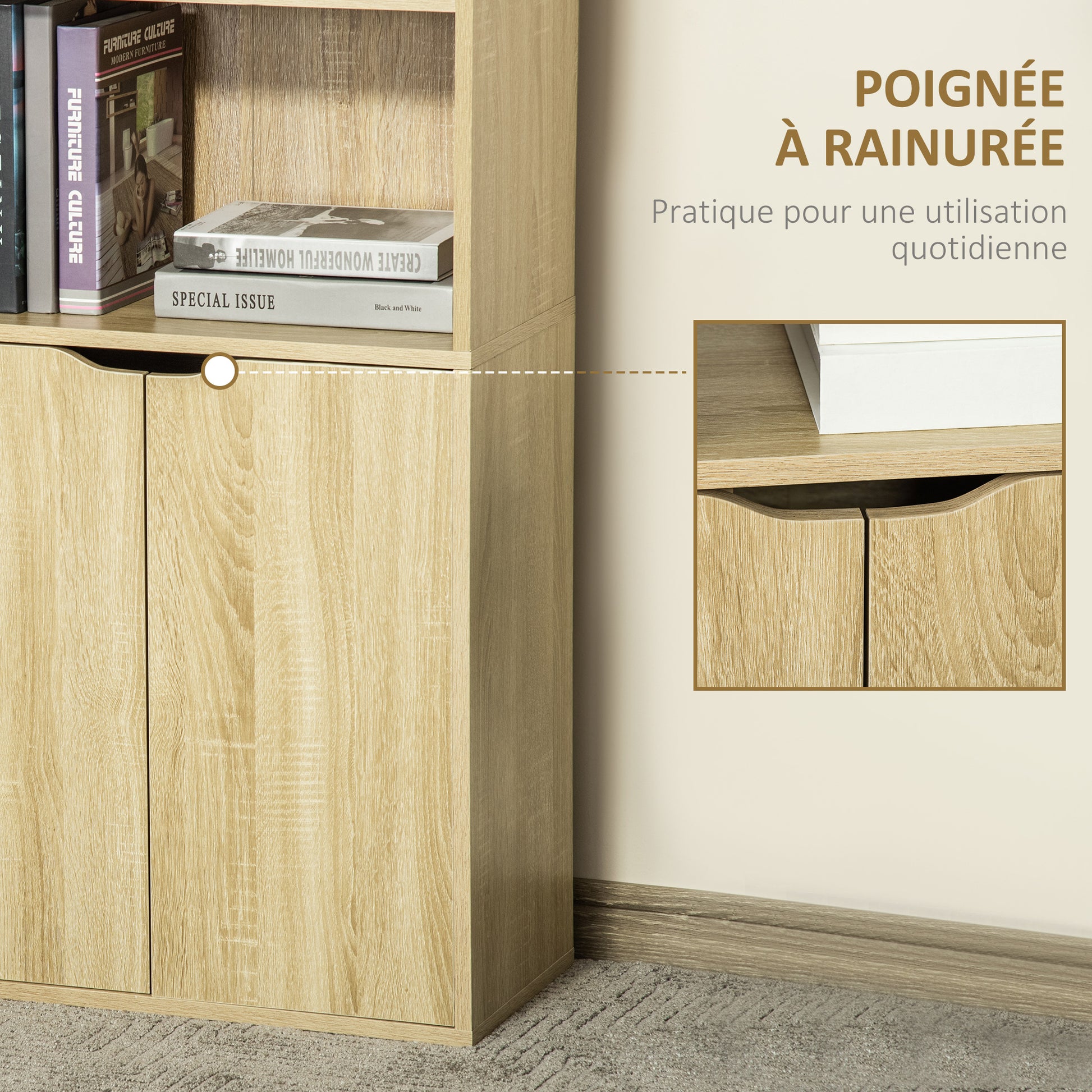 Bibliothèque Armoire à livres avec 4 compartiments ouverts et 2 portes pour le salon et le bureau 59x29x180 cm Bois naturel
