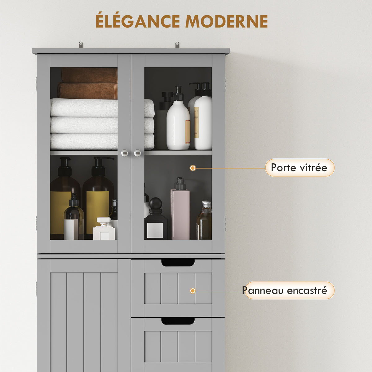 Meuble de salle de bain haut, meuble de rangement avec 4 portes dont 2 vitrées, 2 tiroirs et étagères réglables, gris Aosom