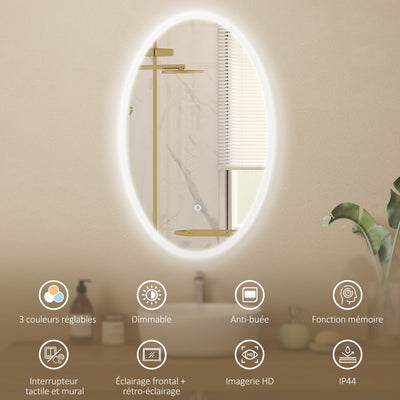 Miroir salle de bain avec éclairage 80 x 50 cm, miroir LED ovale, anti-buée, 3 couleurs lumière, dimmable, transparent