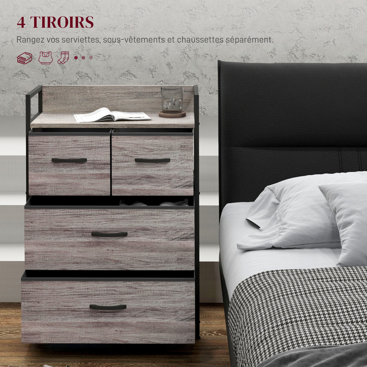 Meuble de rangement style industriel commode 4 tiroirs en tissu pliables et amovibles et 1 étagère 60 x 29 x 85 cm gris