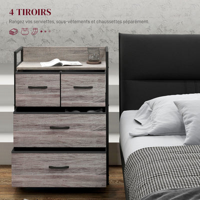 Meuble de rangement style industriel commode 4 tiroirs en tissu pliables et amovibles et 1 étagère 60 x 29 x 85 cm gris