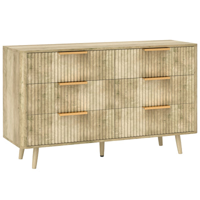 Commode 6 tiroirs scandinave avec poignées et pieds de pin, pour chambre à coucher, salon, couloir, 120x40x76cm, chêne