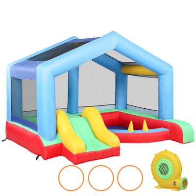 Château gonflable 4 en 1, aire de jeux avec souffleur, toboggan, piscine à balles, jeu de lancer d'anneaux, multicolore