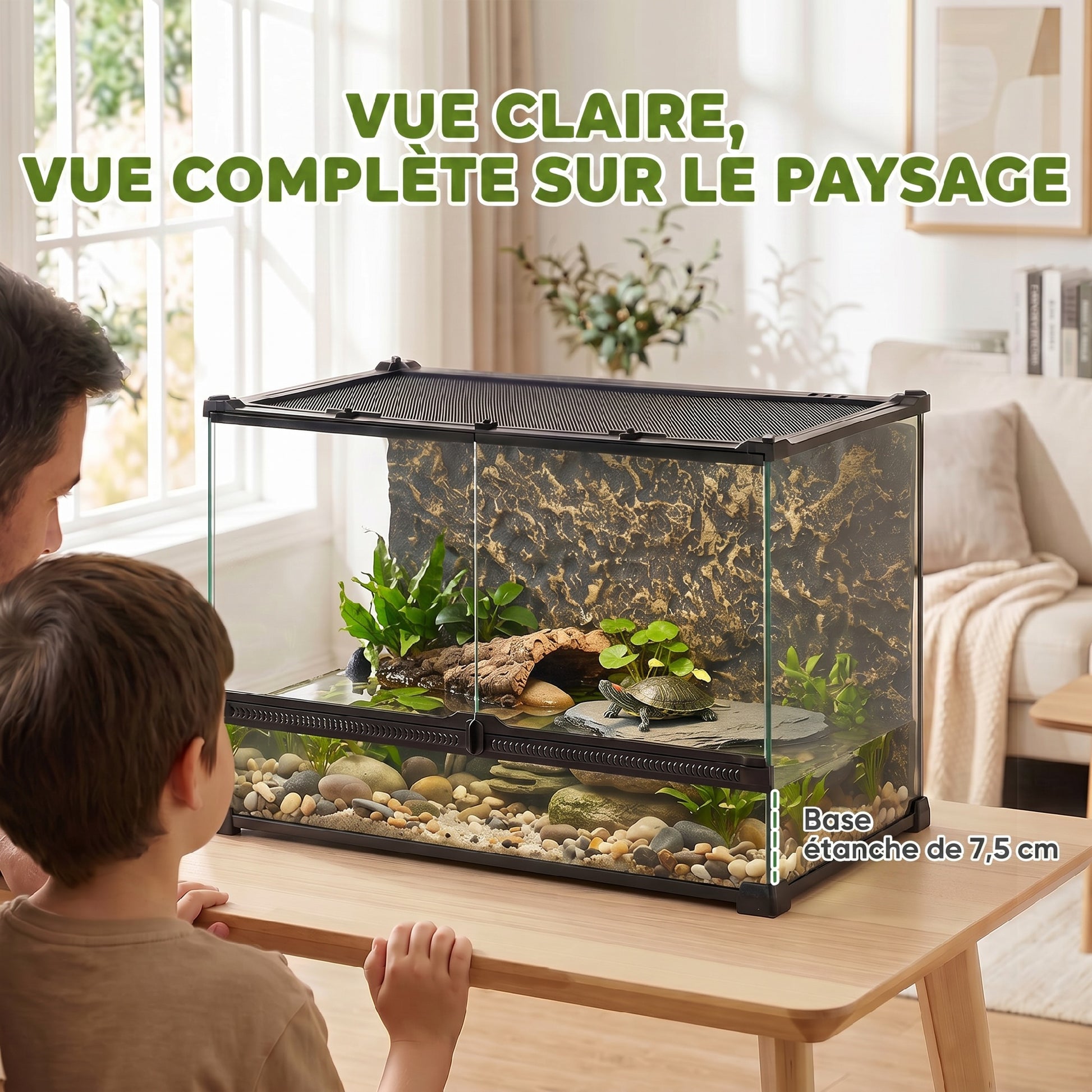 Boîte à Reptiles avec Panneau de Fond, Fermeture Sécurisée Par Rotation, Ventilation Frontale, 50x30x35cm, Noir