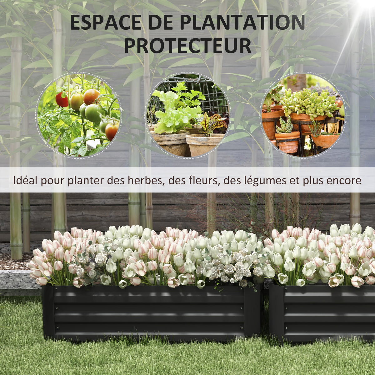 Lot de 2 carré potager de jardin dim. 100L x 50l x 30H cm - tôle d'acier ondulée noir