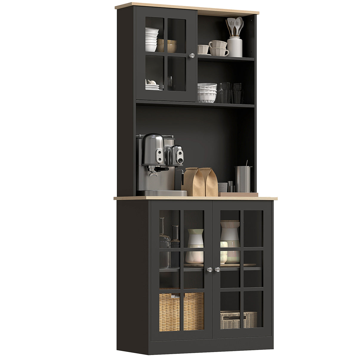 Buffet cuisine, meuble cuisine rangement haut, meuble de rangement avec plan de travail, 3 portes vitrées, 2