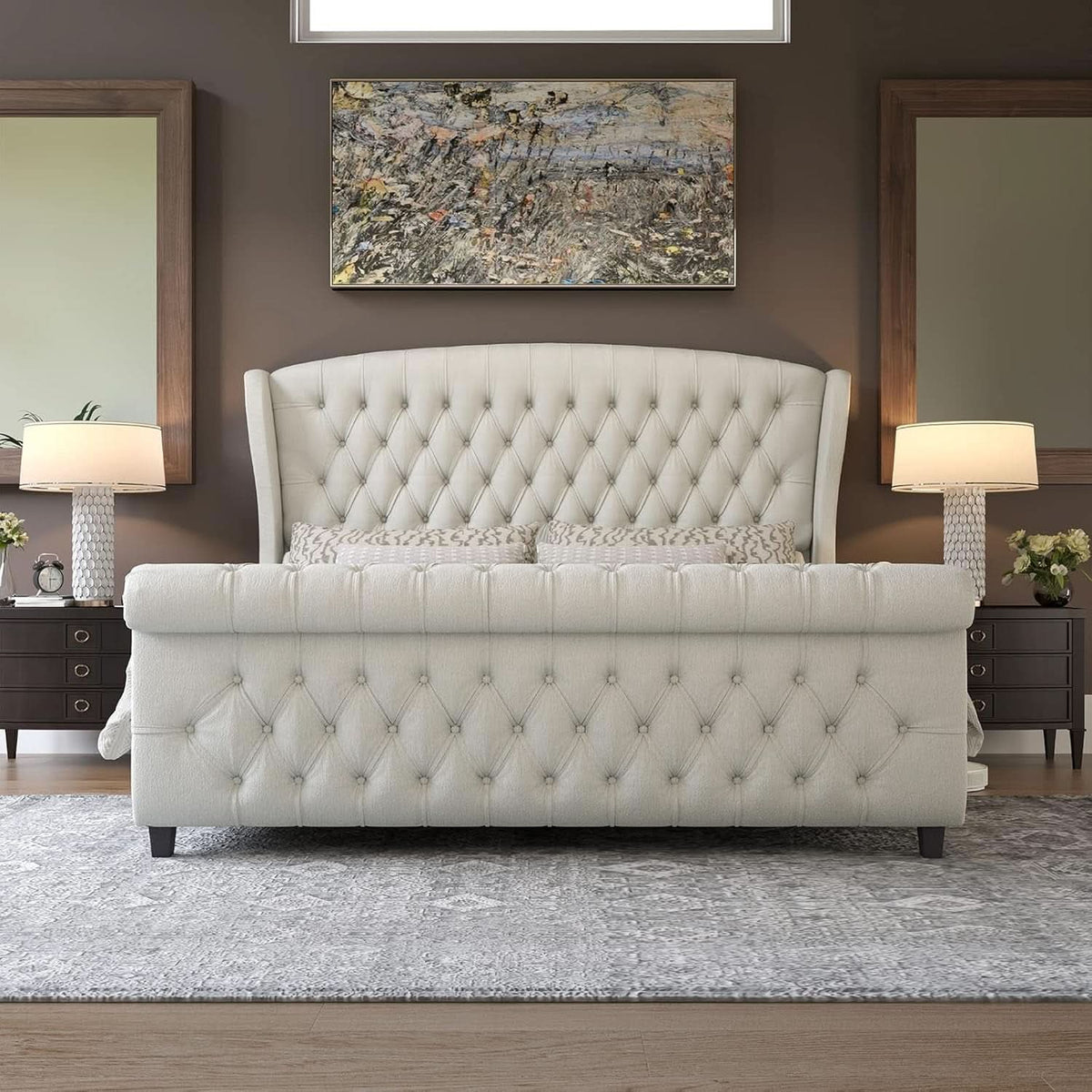 King Size Platform Bed Frame, Chenille Upholstered Sleigh Bed with Scroll Wingback Headboard & Footboard/Button Tufted/No Box Spring Required/Cream
