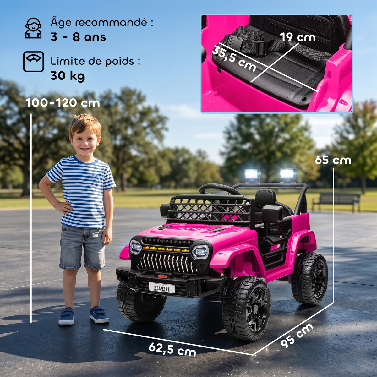 Voiture électrique enfant 4x4 télécommande 2,4Ghz, 2 moteurs 12 V, vitesse réglable, musique, klaxon, lumières LED, noir