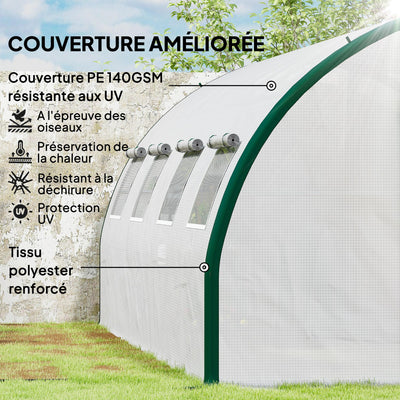 Serre tunnel de jardin 18m², serre de jardin tunnel avec portes et 8 fenêtres, bâche PE 140g/m² 600 x 300 x 200 cm blanc