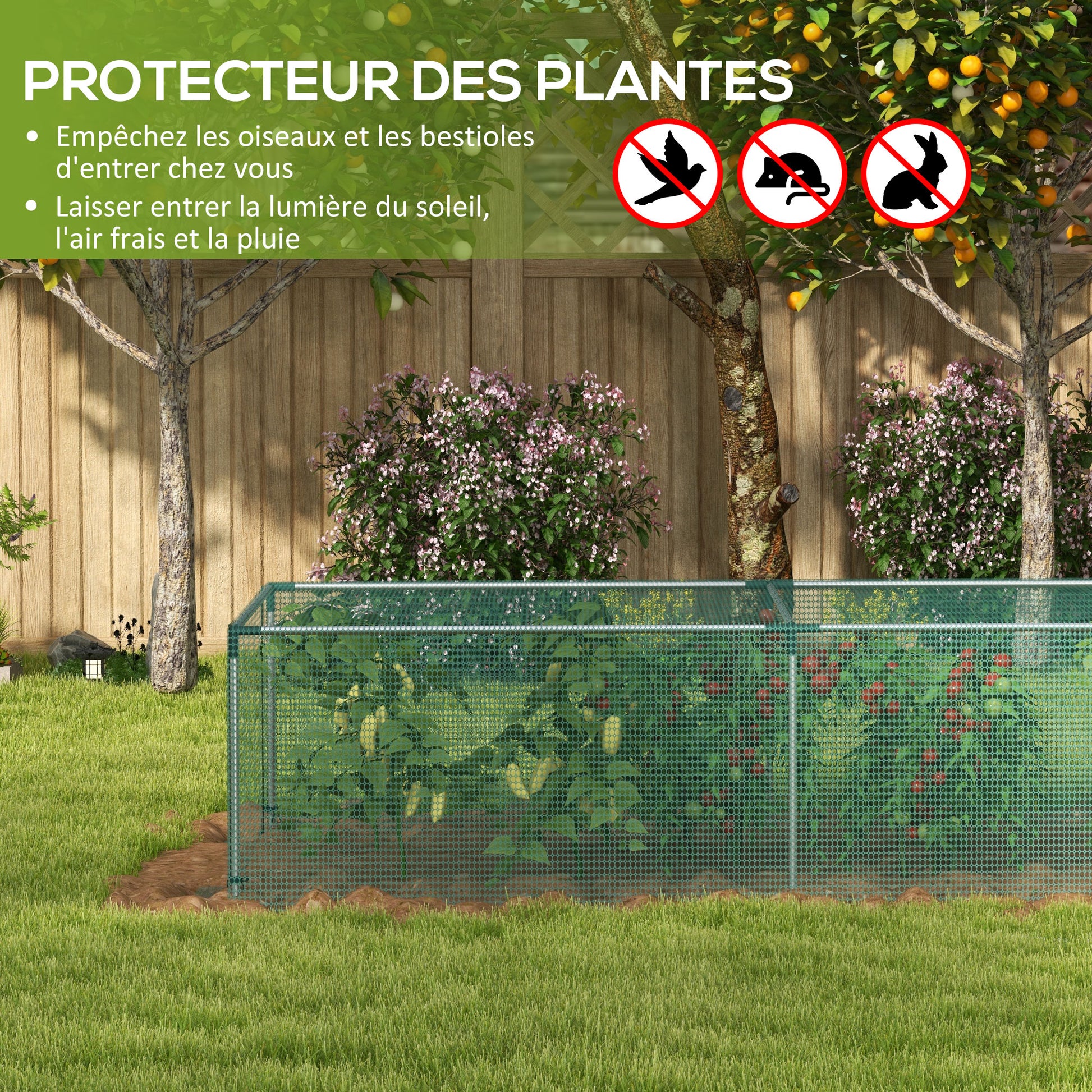 Serre de jardin serre à tomates filet protection porte zippée enroulable HDPE, dim. 125L x 248l x 62,5H cm