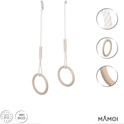MAMOI® Gymnastikringe für Kinder mit Deckenhaken – Holz-Trainingsringe mit Höhenverstellung, Turnringe für Zuhause und Garten