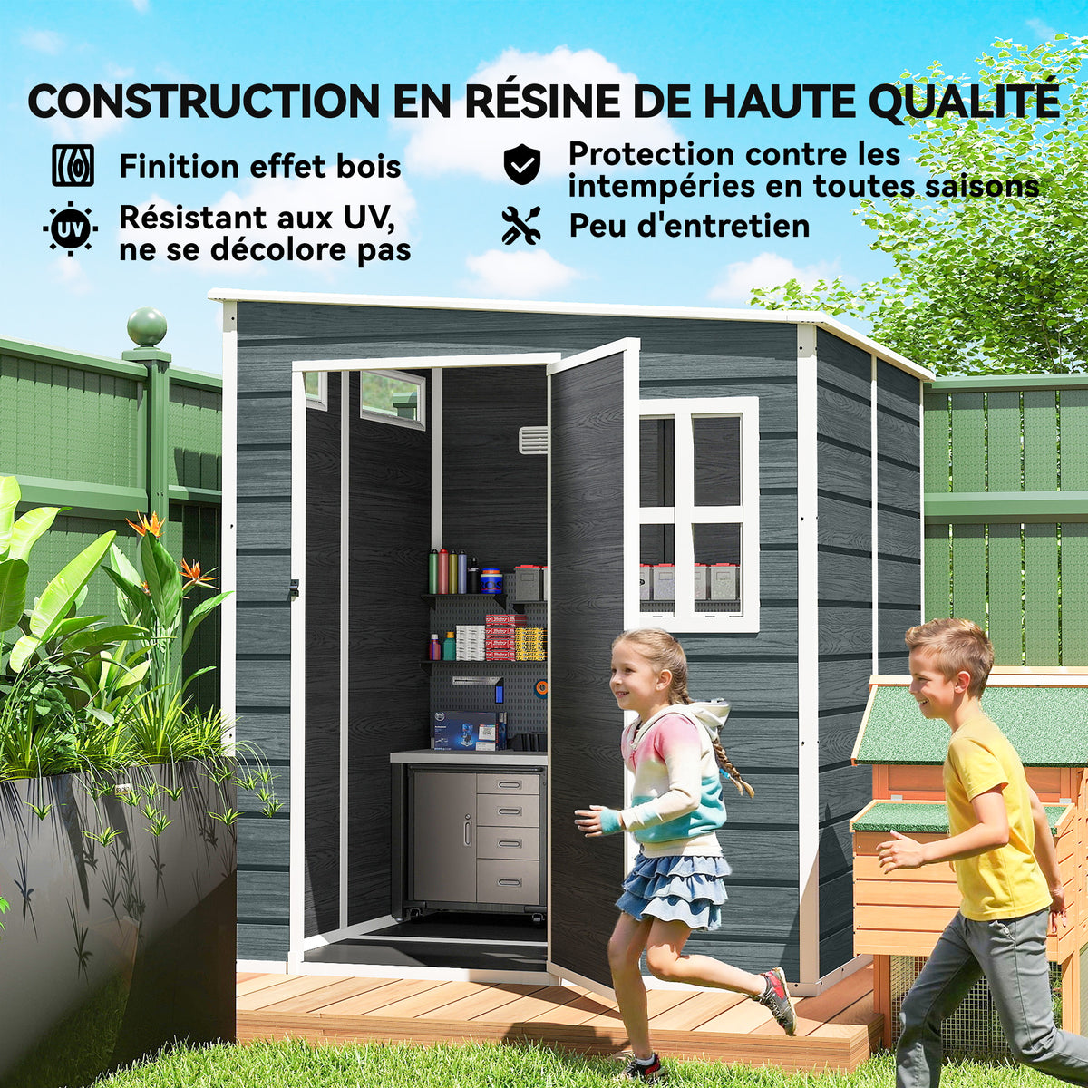 Abri de Jardin Cabanon de Stockage Plancher Structure Aluminium 3 Fenêtres 2 Aérations 182x182x183cm Gris Effet Bois