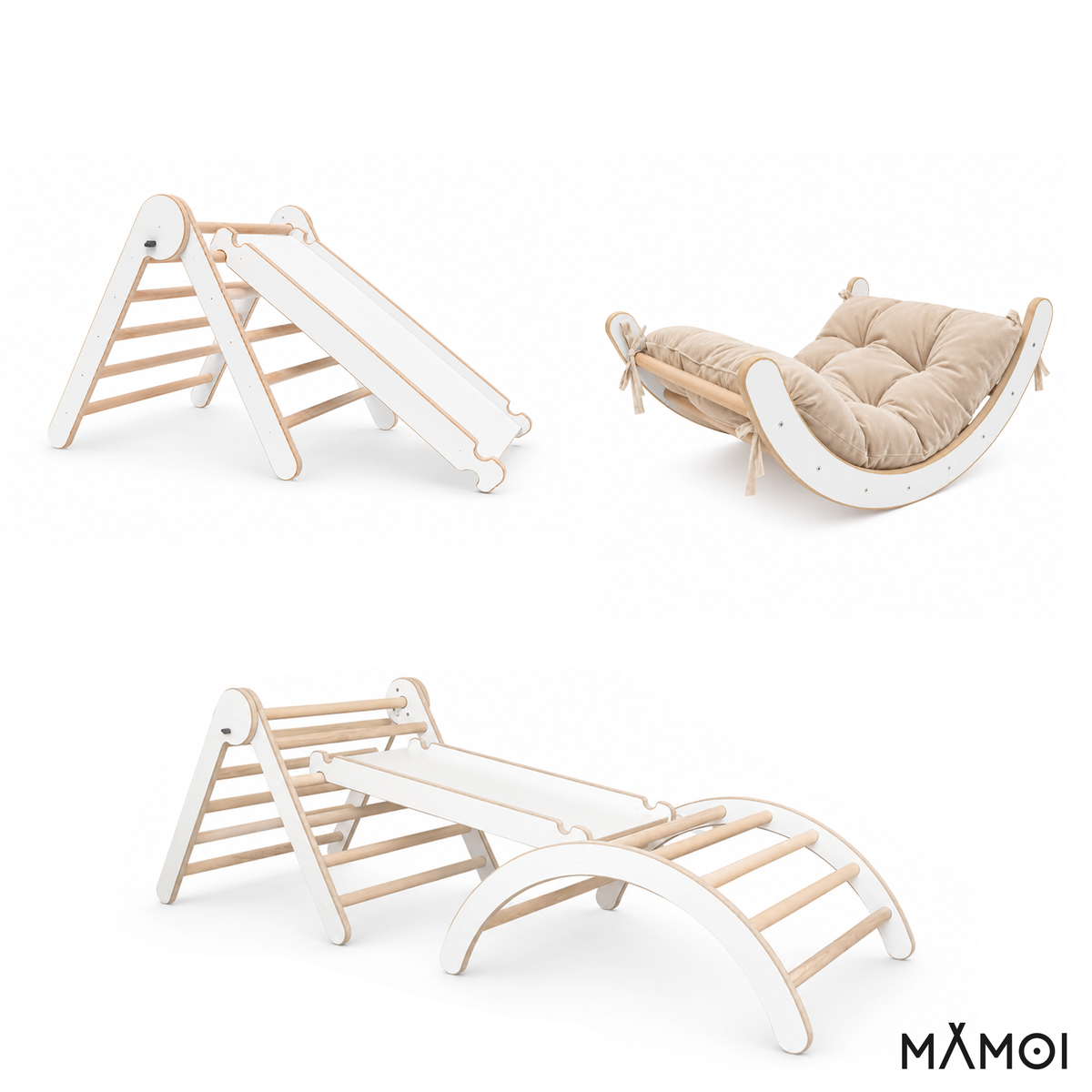 MAMOI® Ensemble d’escalade 4 en 1 pour enfants, arche à bascule, coussin, triangle d’escalade et toboggan