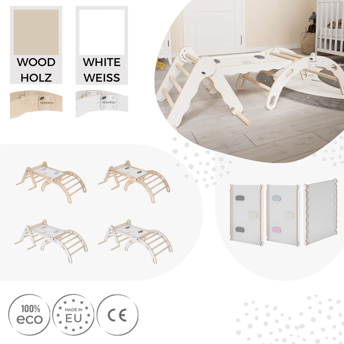 MAMOI® Zestaw: trójkąt wspinaczkowy + bujak + zjeżdżalnia dla dzieci | Rama wspinaczkowa i zjeżdżalnia dziecięca minimalistyczny design | Trójkąt wspinaczkowy dla małych dzieci ze zjeżdżalnią Yarnwood 100% ECO | Wyprodukowano w UE
