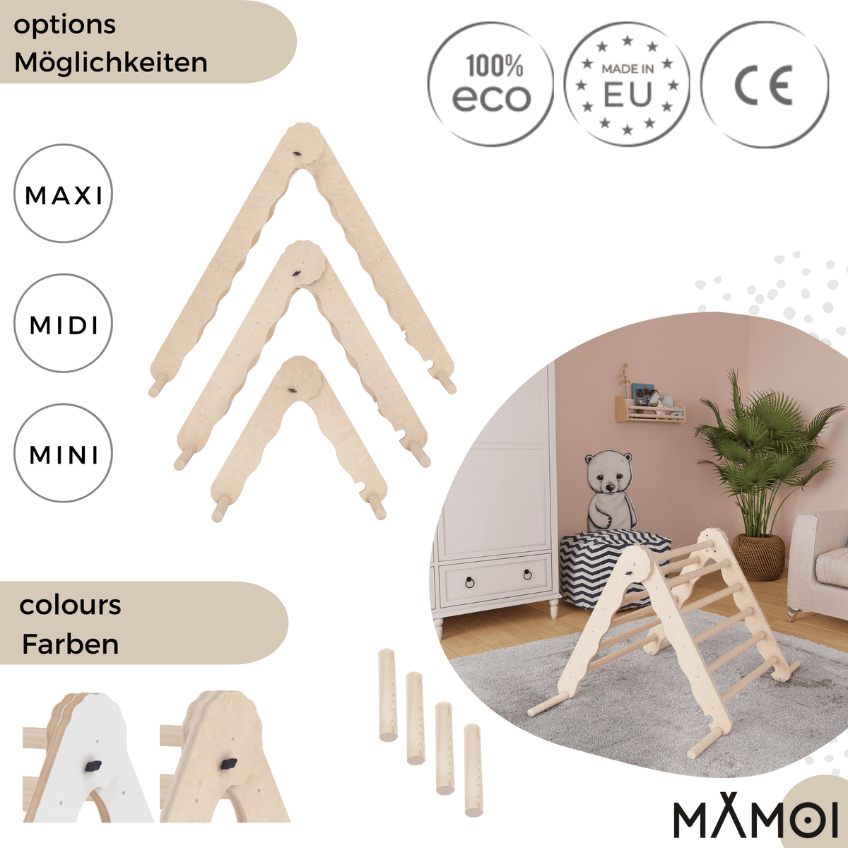 MAMOI® Triangle descalade interieur pour enfant, Mur escalade intérieur en bois pour bebe à partir de 1/2/3 an, Motricité libre montessori