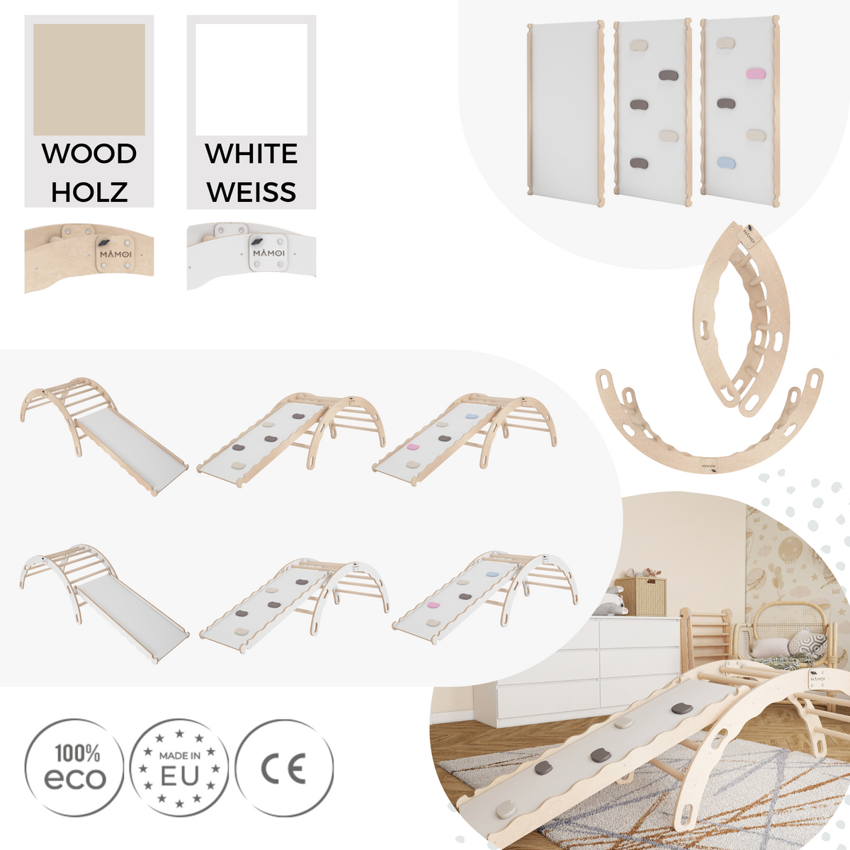 MAMOI® Bujak drewniany dla dzieci ze zjeżdżalnią | Drewniana kołyska Drewniana drabinka do bujania z naturalnego drewna | Wielofunkcyjny bujak montessori Wspinaczka dla dzieci | CE | 100% ECO | Wyprodukowano w UE