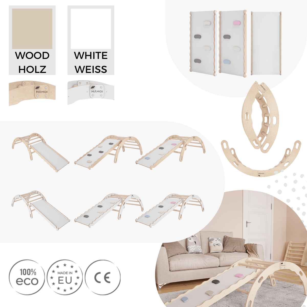MAMOI® Bujak drewniany dla dzieci ze zjeżdżalnią | Drewniana kołyska Drewniana drabinka do bujania z naturalnego drewna | Wielofunkcyjny bujak montessori Wspinaczka dla dzieci | CE | 100% ECO | Wyprodukowano w UE
