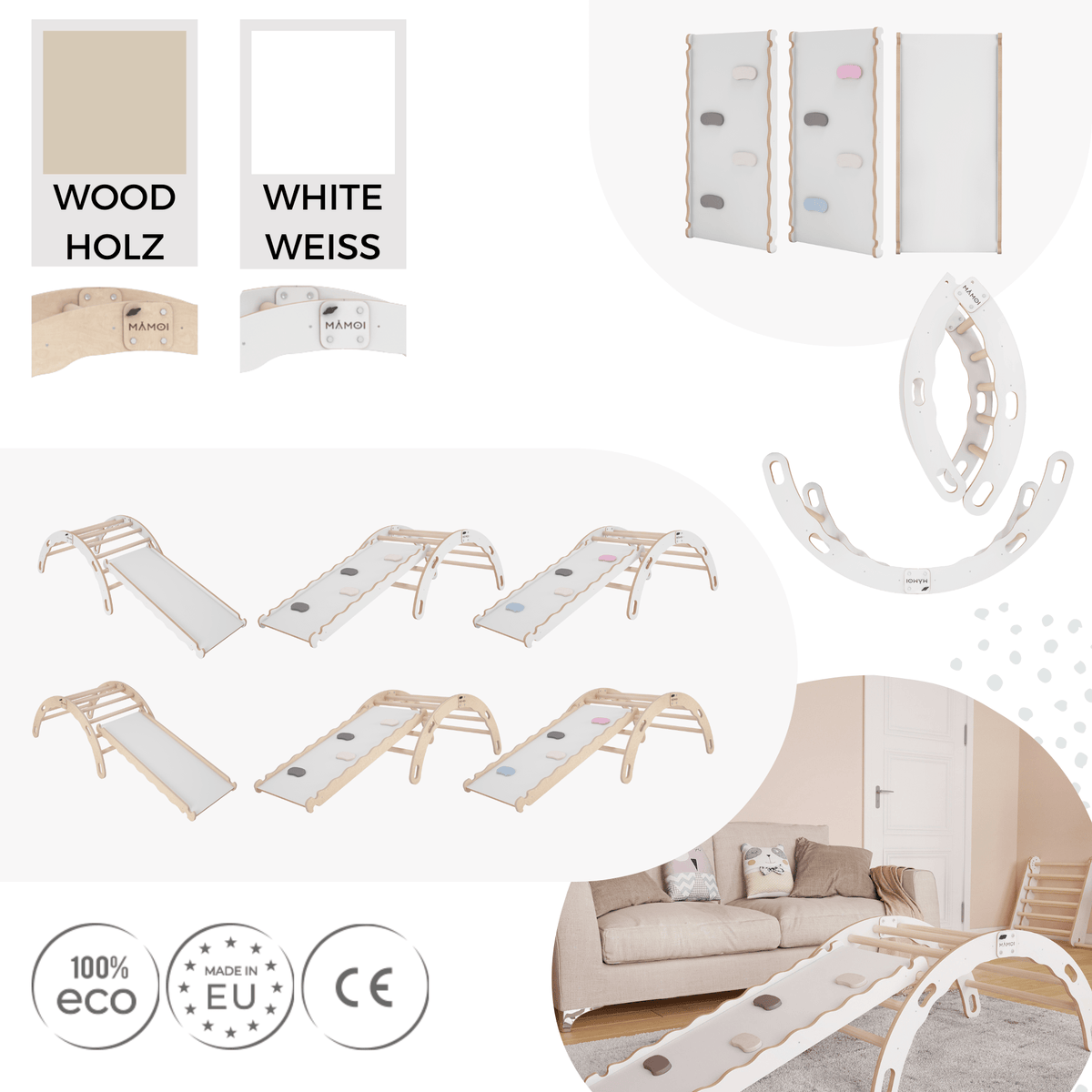 MAMOI® Arrampicata per bambini con scivolo in legno naturale, Dondolo triangolo, Altalena da casa interno, Parete arco montessori a partire da 1 anno 2/3 anni