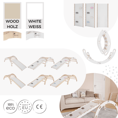 MAMOI® Arrampicata per bambini con scivolo in legno naturale, Dondolo triangolo, Altalena da casa interno, Parete arco montessori a partire da 1 anno 2/3 anni