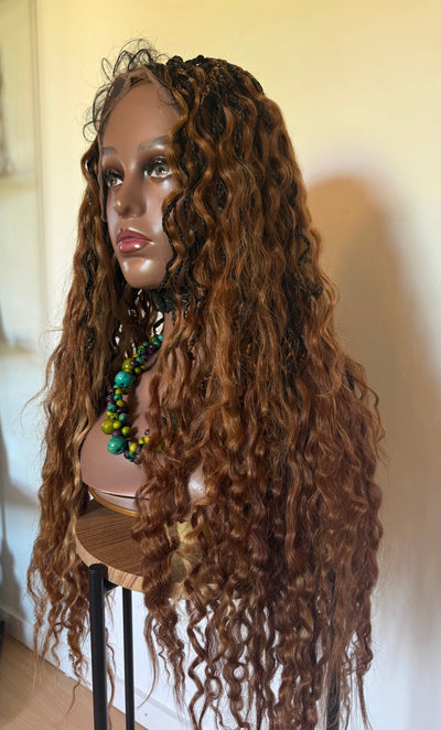 Thaly - Full lace boho Perruque tressée box braid avec l’effet boho en cheveux naturels Européens marrons