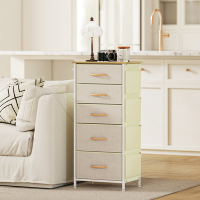 Commode 5 tiroirs en tissu, meuble de rangement avec 4 poches, 2 crochets, structure en acier, 45 x 30 x 94,5 cm, beige