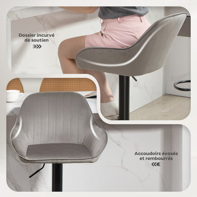 Lot de 2 tabourets de bar, chaises de bar en velours avec dossier, repose-pieds, hauteur réglable et pivotante gris