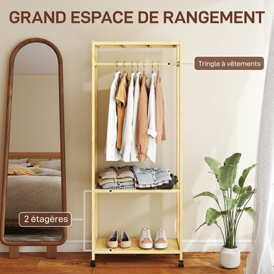 Portant à vêtements à roulettes, porte-manteau en bambou avec 2 étagères et tringle suspendue, 70x35x175cm, bois naturel