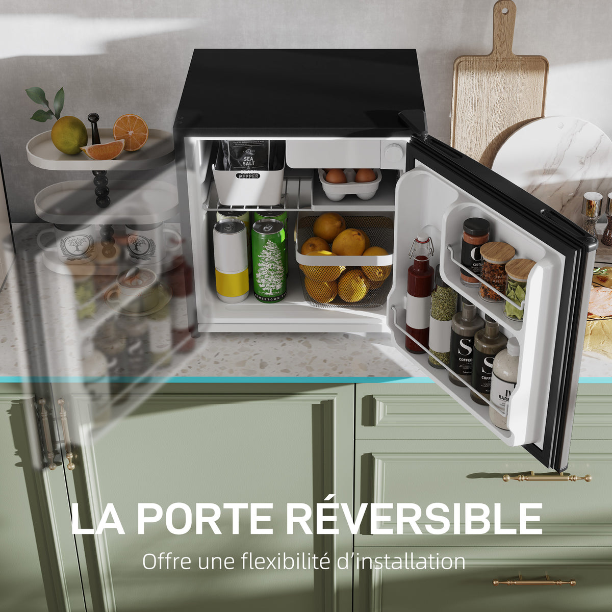 Réfrigérateur congélateur 46 L, petit réfrigérateur combiné avec portes réversibles, 48 x 44 x 49 cm, argenté