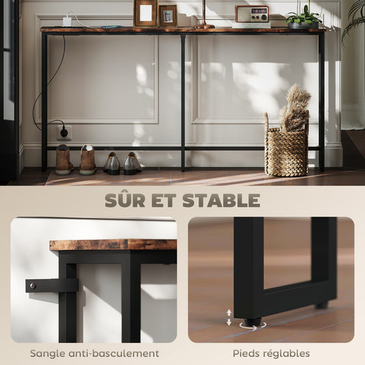 Table console étroite style industriel avec prises de courant et USB, pour salon entrée couloir, 160x20x80cm, marron