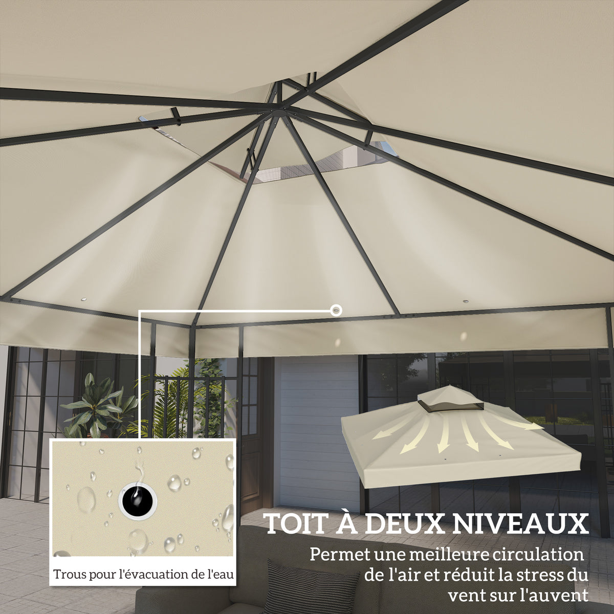 Toile pour tonnelle 3 x 3 m toile de rechange pour tonnelle à 2 niveaux protection UPF30+ trous de drainage crème