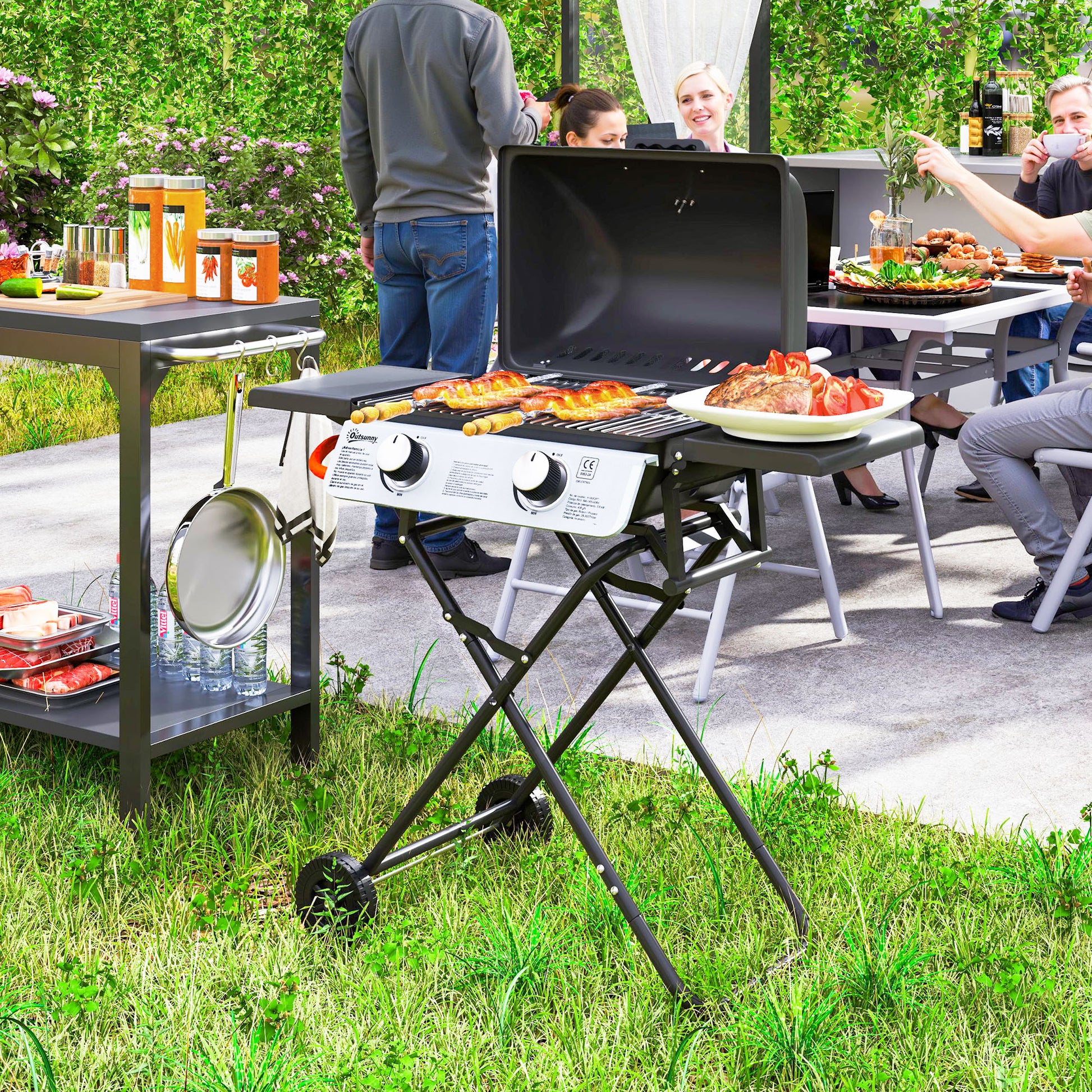 Barbecue gaz transportable, 2 brûleurs 5,6 kW, barbecue gaz de camping avec étagères latérales thermomètre et roues, noir
