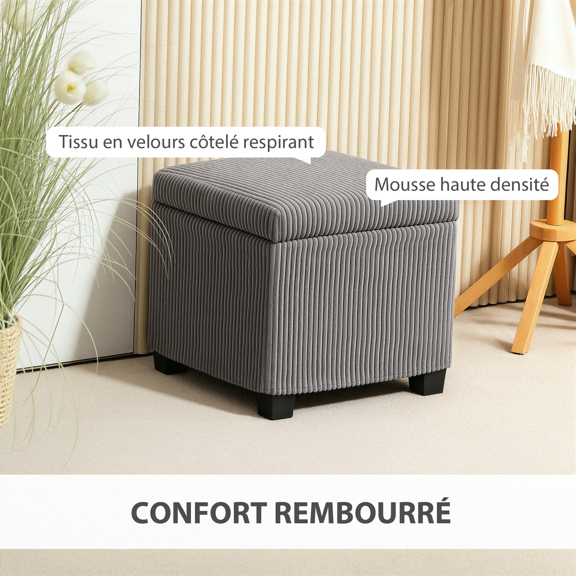 Coffre pouf rangement 30 L avec couvercle amovible, ottoman cube rembourré en velours côtelé, 40 x 40 x 40 cm, gris