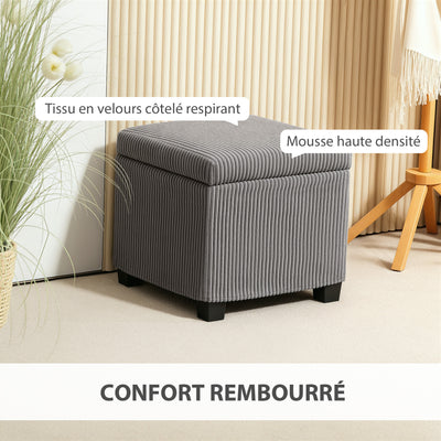 Coffre pouf rangement 30 L avec couvercle amovible, ottoman cube rembourré en velours côtelé, 40 x 40 x 40 cm, gris