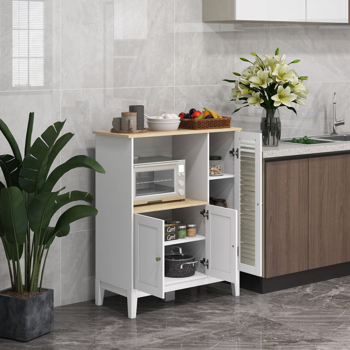 Meuble armoire micro-ondes pour cuisine avec 1 niche, 3 portes passe-câbles 80 x 35 x 97 cm blanc et aspect bois Aosom