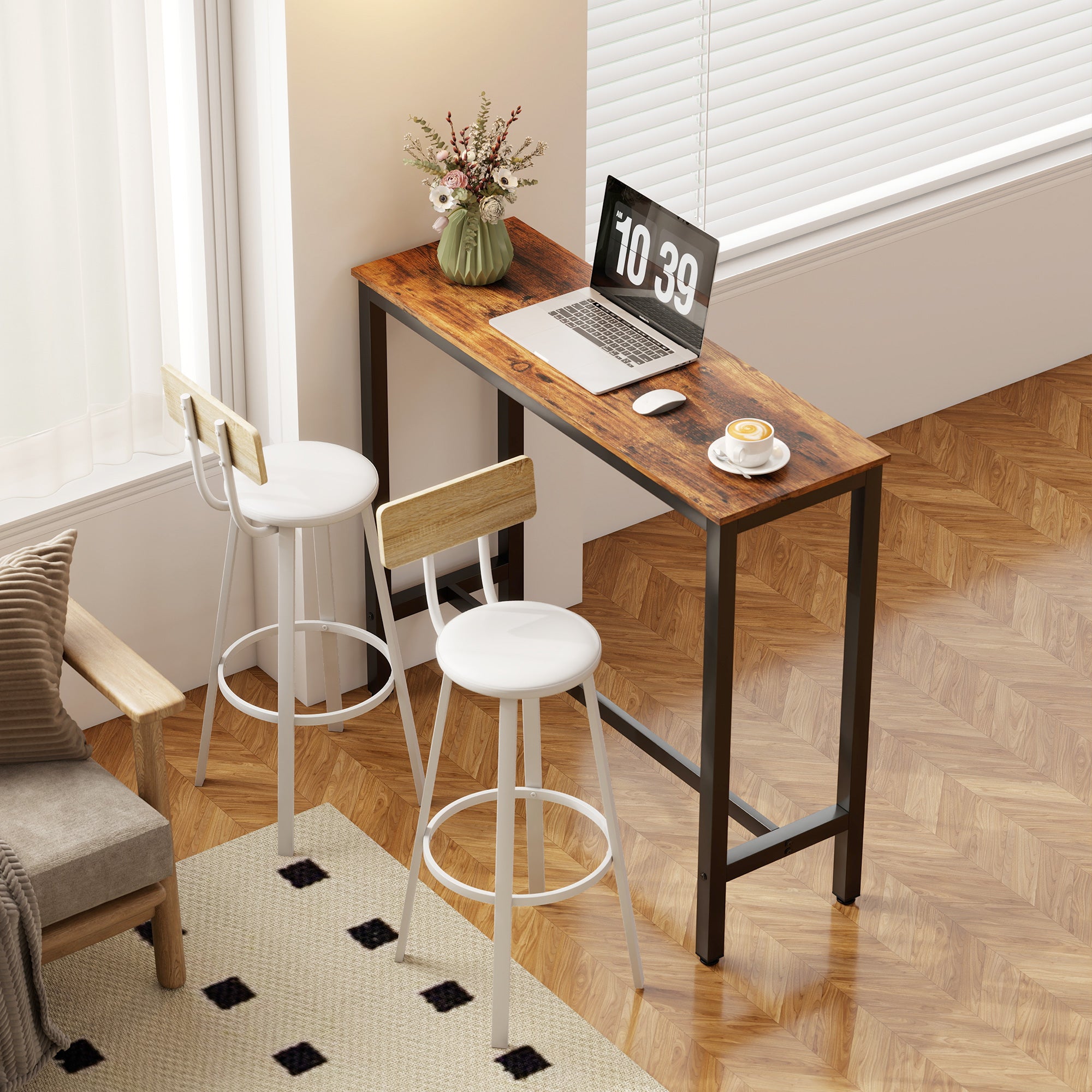 Lot de 2 tabourets de bar, chaises de bar, assise rembourrée 75,5H cm, dossier et repose-pieds, bois naturel et blanc