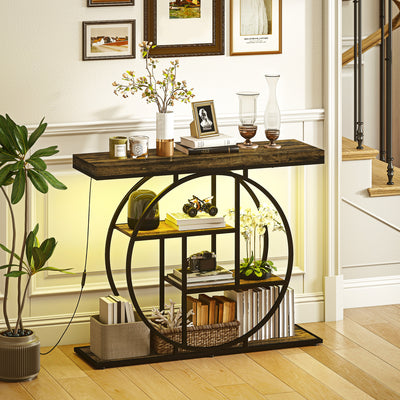 Console meuble avec éclairage LED 100 cm, table console à 4 niveaux avec étagères ouvertes, marron rustique et noir